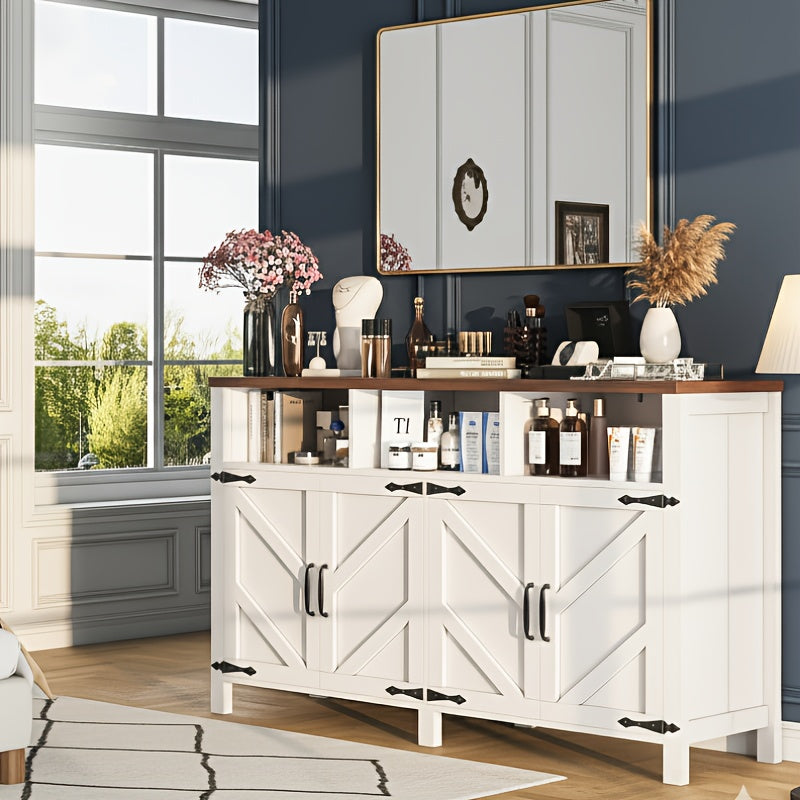A Storage Cabinet Designed in a Farmhouse Style Featuring a Fishbone Pattern, Equipped with Seven Compartments And a Door Frame. Ideal for Use in Kitchens, Dining Areas, Storage Rooms, And As a Dressing Table in Bedrooms