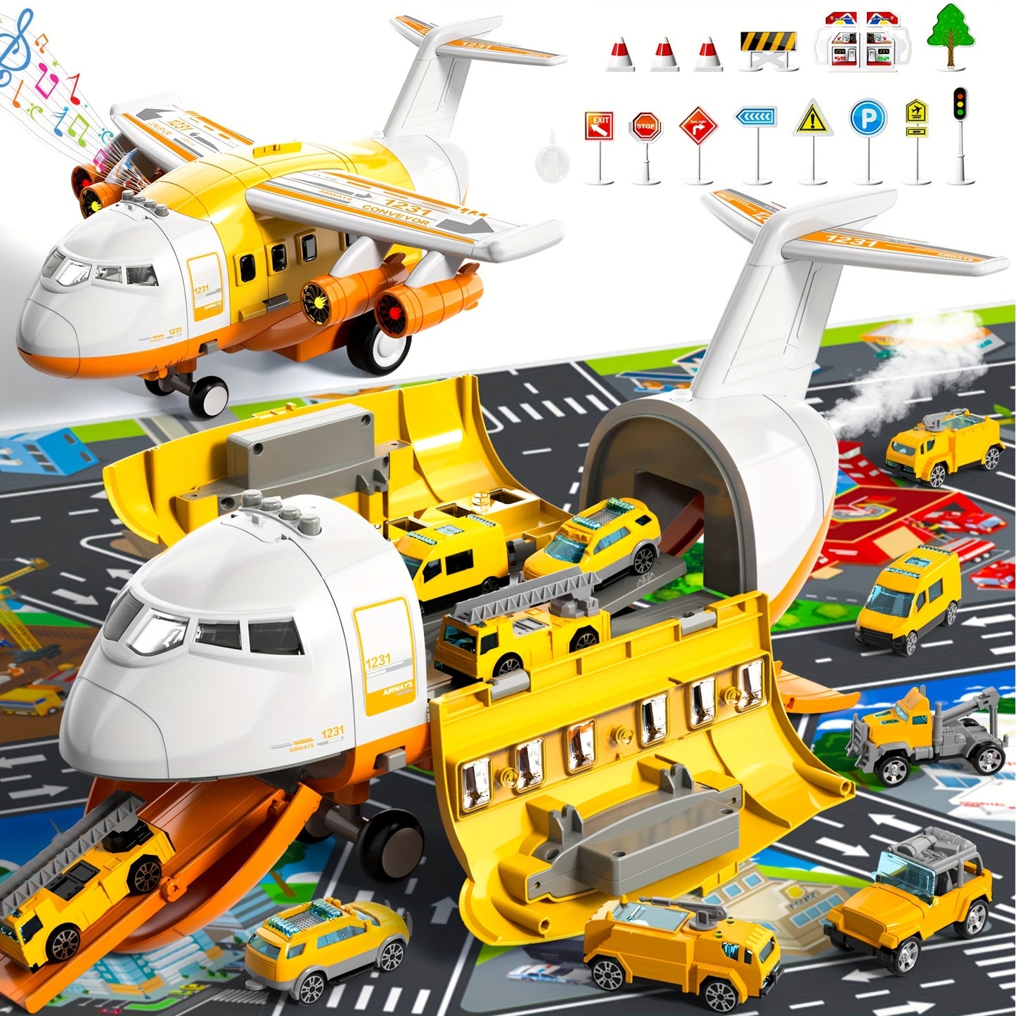 Educational Airplane with Steam Lights and 4 Cars in Yellow - Colorful Box Set
