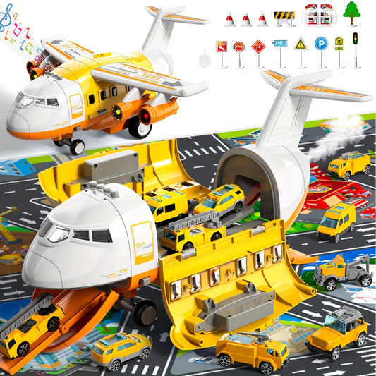 Educational Airplane with Steam Lights and 4 Cars in Yellow - Colorful Box Set