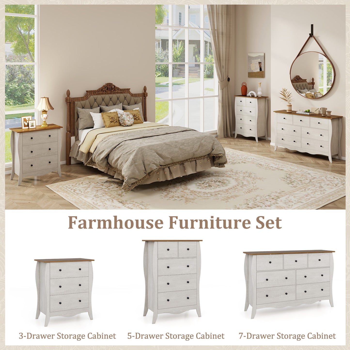 COSTWAY 30" Modern Farmhouse Dresser with 3 Spacious Folding Fabric Drawers - Sturdy Hardwood-like Construction, Anti-Tip Safety System, Freestanding Storage Cabinet with Curved Legs & Knobs, Grey/Brown for Bedroom, Nursery