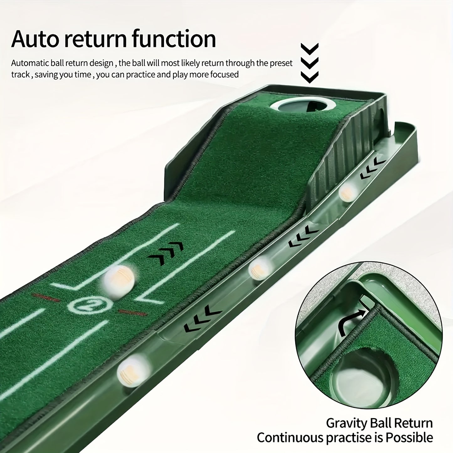 Golf Accelerator - A Sturdy Indoor Putting Mat Featuring Automatic Retrieval And a Post-Hole Collection System. Ideal for Practicing at for home Or Outdoors, It Enhances Putting Skills And Is Perfect for Both Golf Lovers And