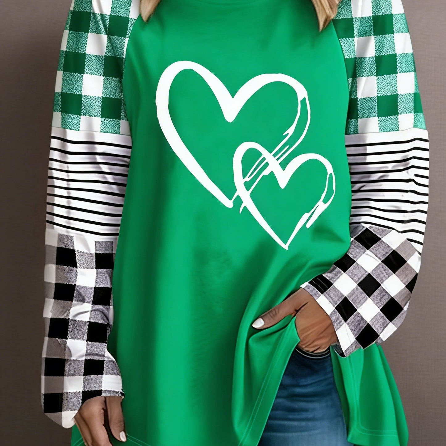 Plus Size - Plus Size - A Women'S Casual Long-Sleeve T-Shirt Featuring a Heart-Shaped Design, Made from Fabric, with a Round Neck Style, Part of The Autumn And Winter Collection, Available in Large Loose Sizes from 0XL to 9XL