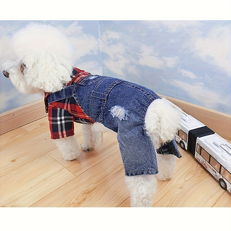 Internet Celebrity Autumn and Winter Fashion Brand Plaid Imitation Denim Pet Poodle Teddy Bear Bichon Frise  Dog Clothes