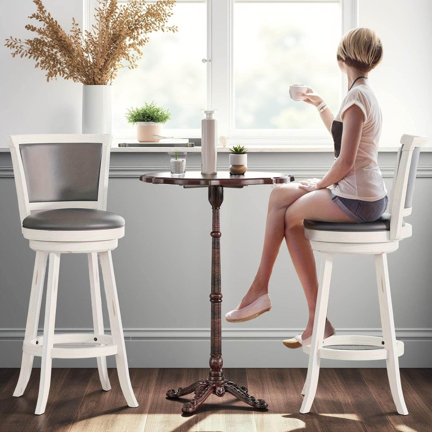 High Back Swivel Bar Stools, Bar Height Swivel Stools with Grey Faux Leather Upholstered Seat & Solid Wood Footrest, Counter Bar Chairs for Pub, Bar, Kitchen Island, Set Of 2