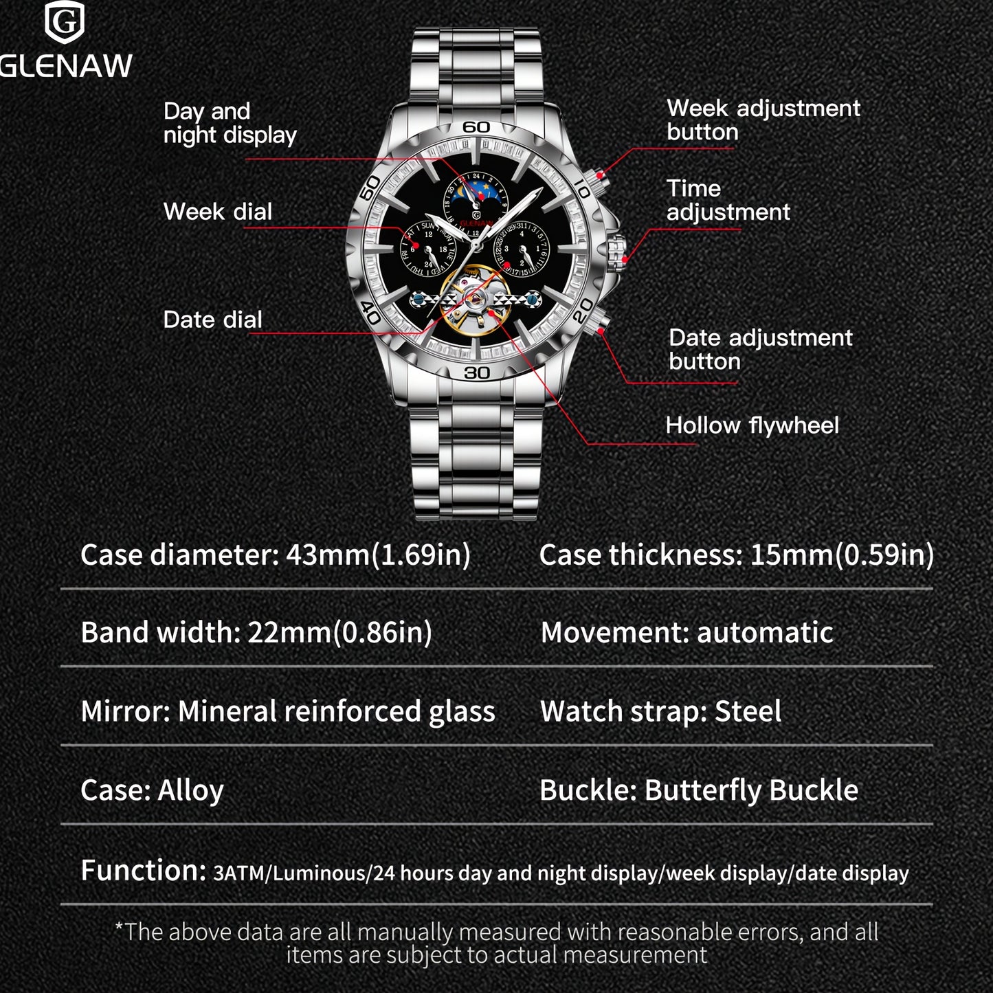 Automatic Men's Watch With Stainless Steel Strap, Multifunctional Men's Watch With Hollow Automatic Winding Mechanical Watch, Displaying Date, Day Of The Week, Month, And Stars.