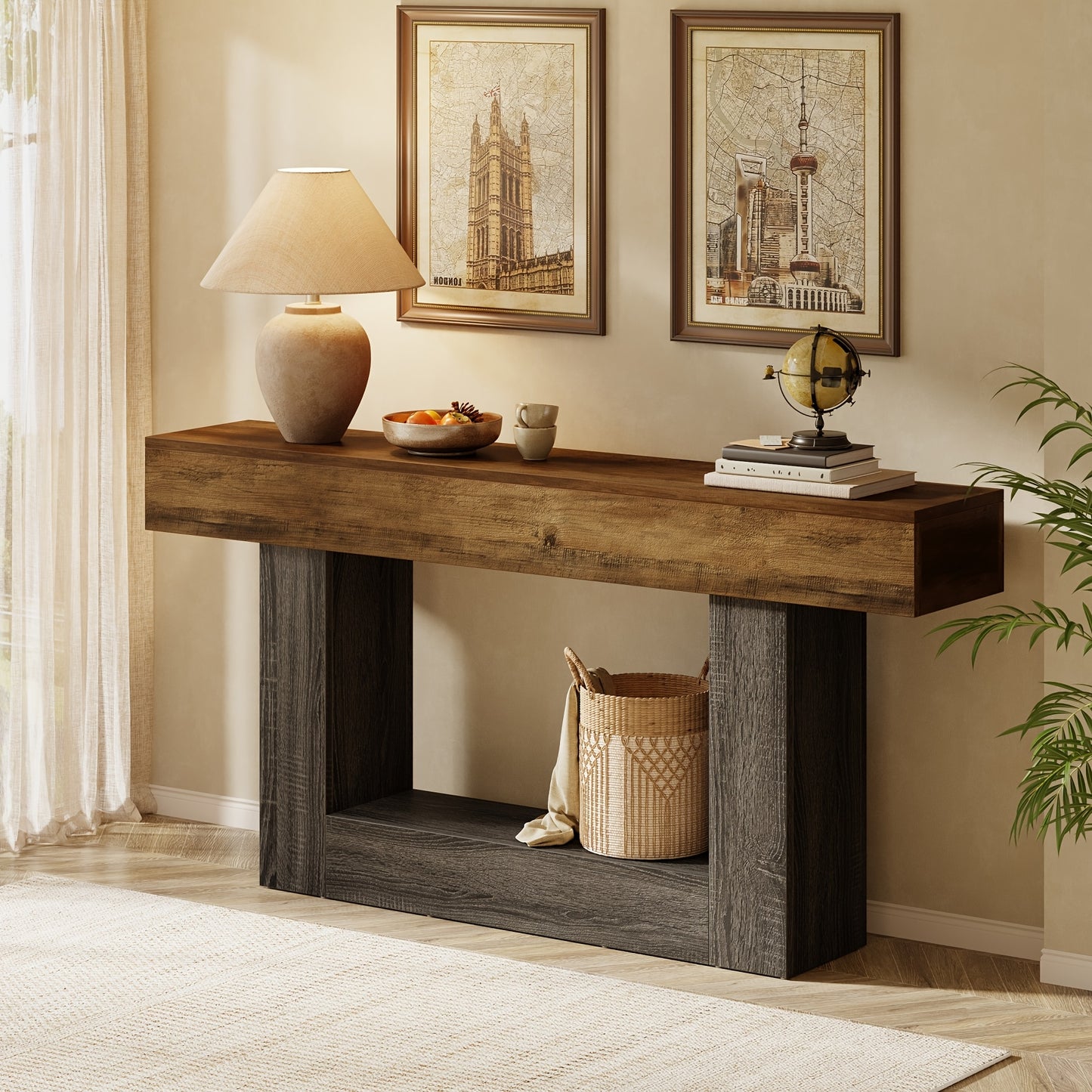 63" Narrow Long Console Table With Storage, Farmhouse 2-Tier Entryway Table With U-Shaped Base, Vintage Wood Sofa Table Behind Couch Table For Living Room, Hallway, Foyer, Rustic Brown And Grey