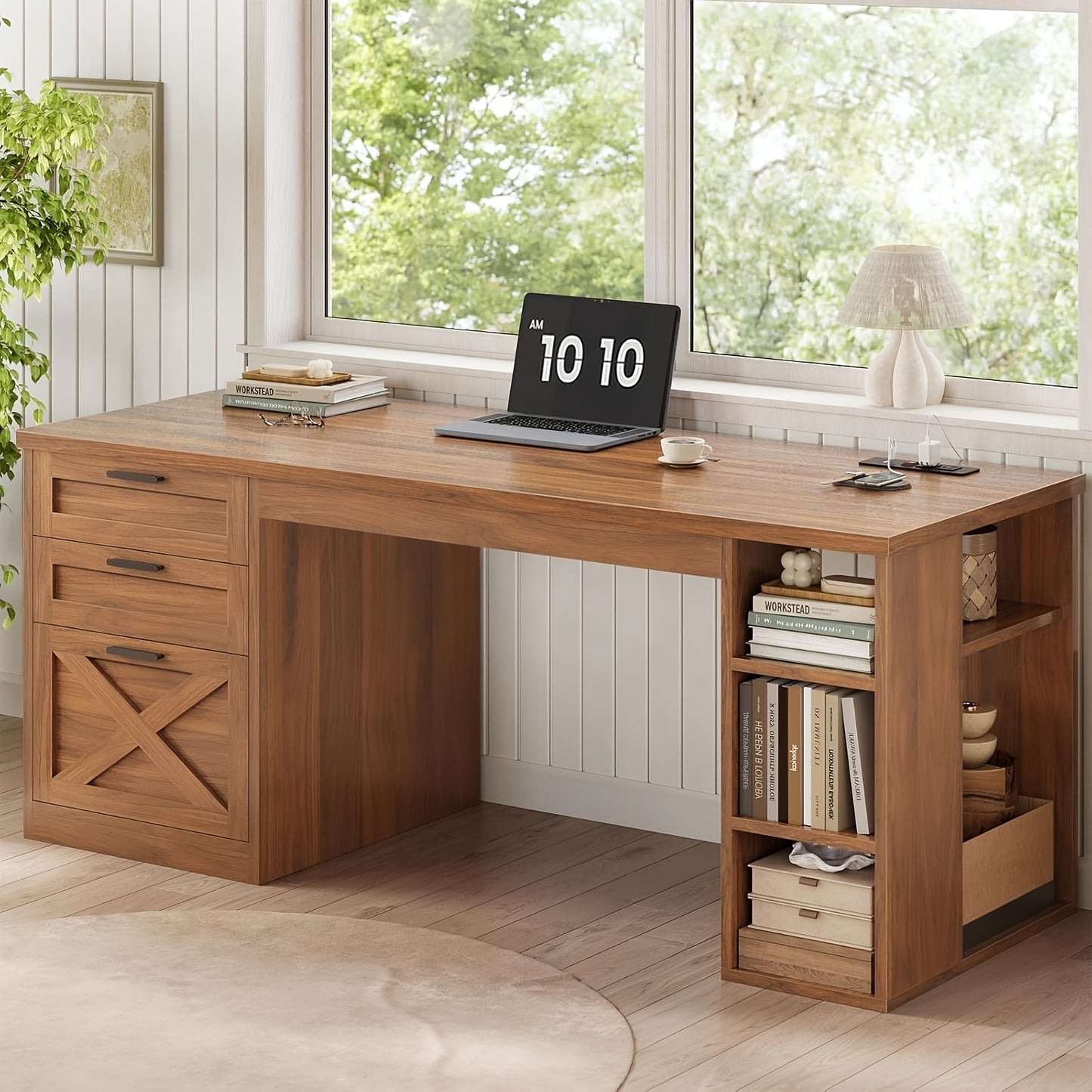 55.1" Farmhouse Desk with Ample Storage, Home Office Desk with File Drawer And Open Shelves, Computer Desk with 3 Drawers, White & Brown Top