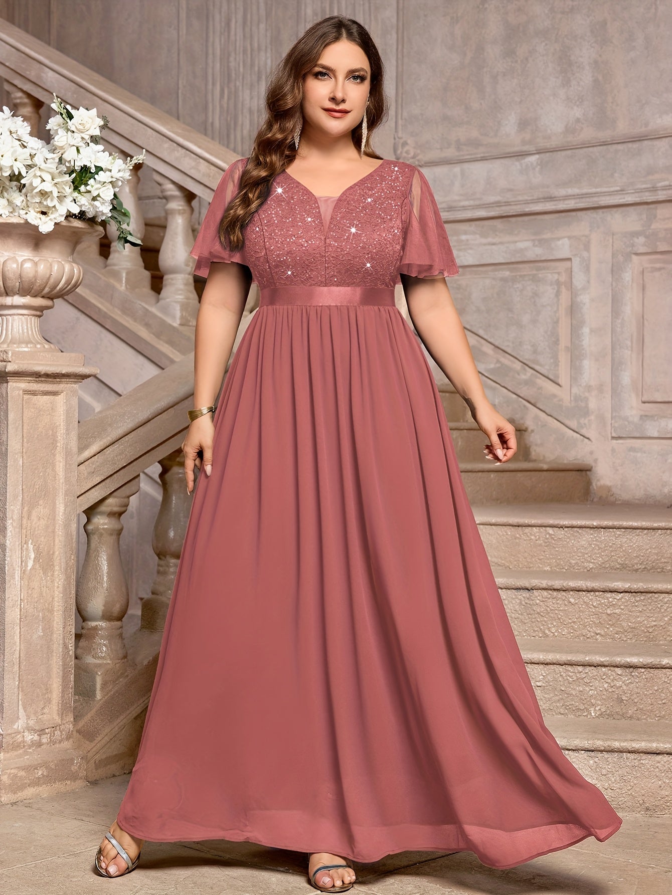 Plus Size - P54385A Elegant Plus Size Sequin Lace Bridesmaid Dress, Sweetheart Neckline With Mesh Ruffle Sleeves, Pleated Chiffon Skirt For Formal Parties, Evenings, Weddings