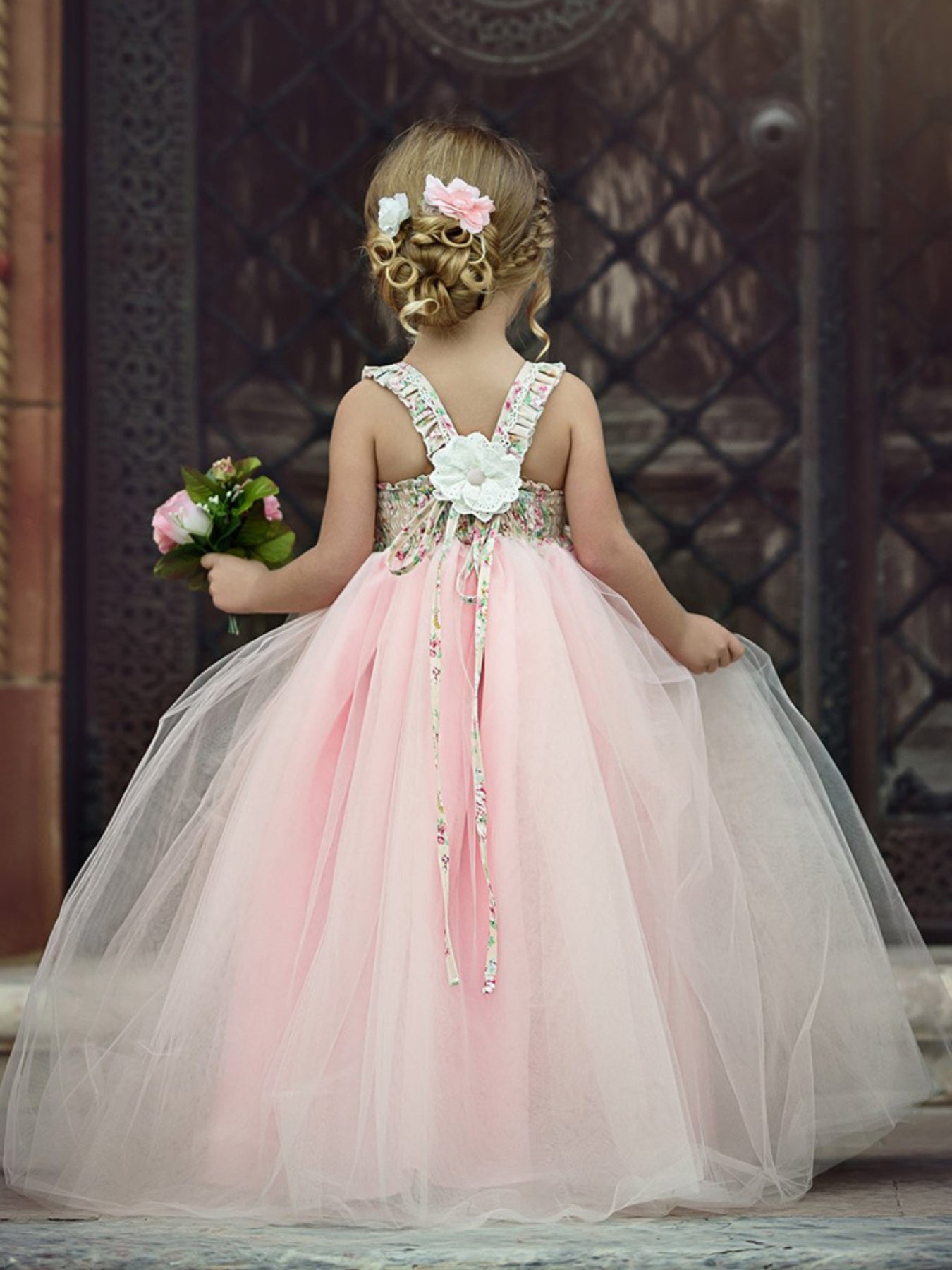 Girls' Sleeveless Tutu Princess Dress with Floral Print & Faux Drawstring Waist - Soft Pink Tulle Wedding Bridesmaid Party Pageant Dress for Spring/Summer, Wedding Dresses for Bride