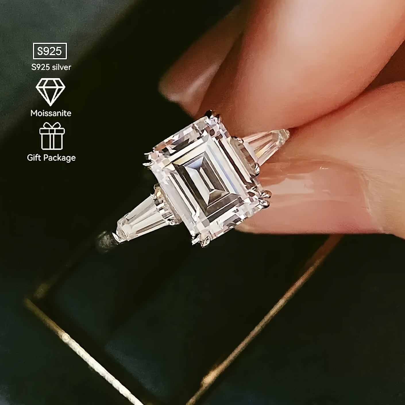 Moissanite S925 Premier League Silvery Ring, 8*10mm 4 Quart Square Diamond Ring, Luxurious Elegant and Beautiful Jewelry, Proposal Ring with Gift Box, as a Gift for Your Mother, for Her, Birthday, perfect for Wedding and Anni