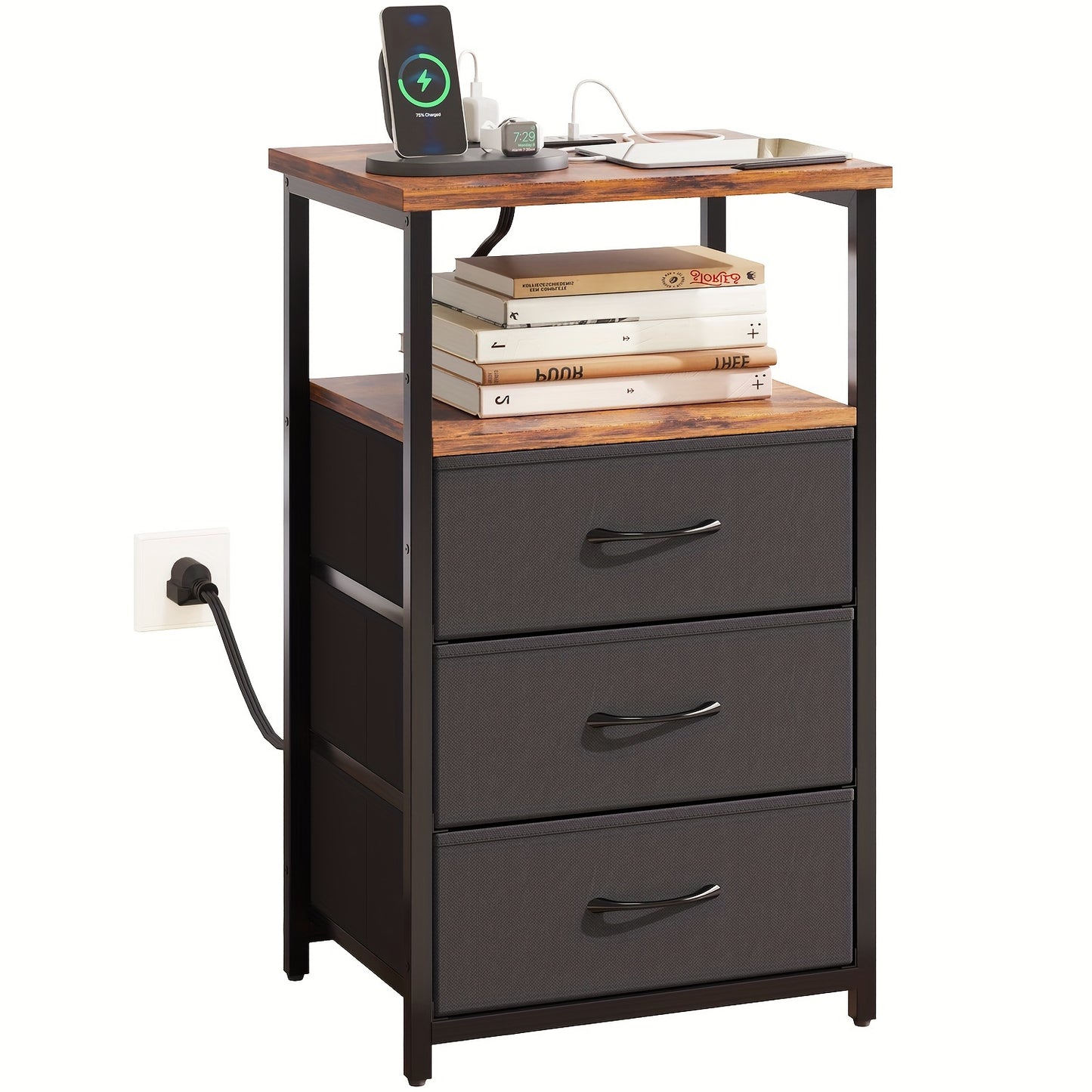 WHONLINE 1/2pcs Night Stand With Charging Station, Nightstand 1/2 Set With 3 Fabric Drawers, End Table With Storage, Night Stand For Bedroom, School And Dormitory Storage, Black End Table, Heavy Duty Night Stand, For Hallowee