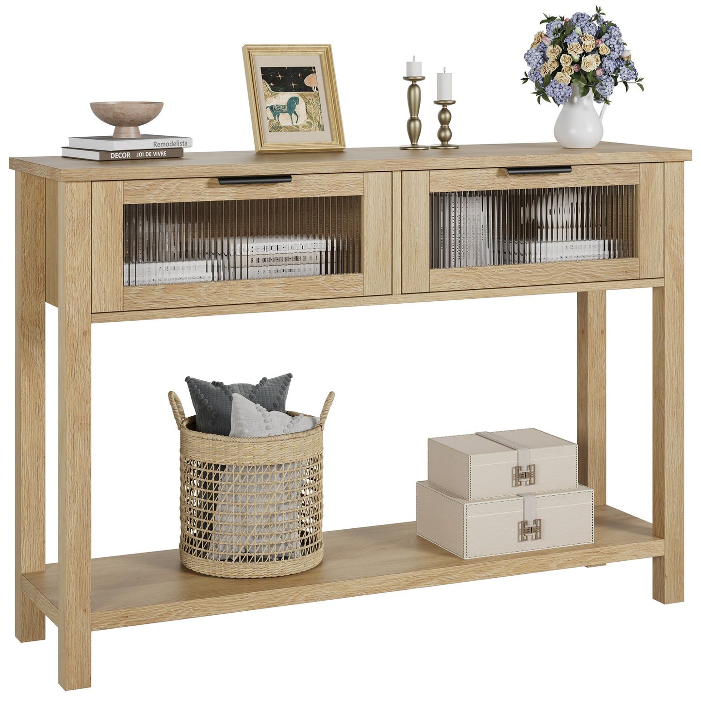 43-Inch Narrow Wood Console Table with Stylish Glass Drawers | 2-Tier Sofa and Entryway Table in Burlywood End, Perfect for Living Room, Bedroom, Hallway, Foyer Storage, Entryway Table | Classic Style, Hardwood Material, Asse