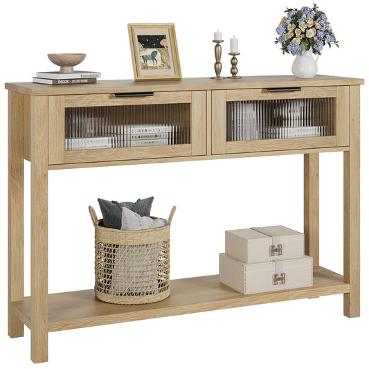 43-Inch Narrow Wood Console Table with Stylish Glass Drawers | 2-Tier Sofa and Entryway Table in Burlywood End, Perfect for Living Room, Bedroom, Hallway, Foyer Storage, Entryway Table | Classic Style, Hardwood Material, Asse