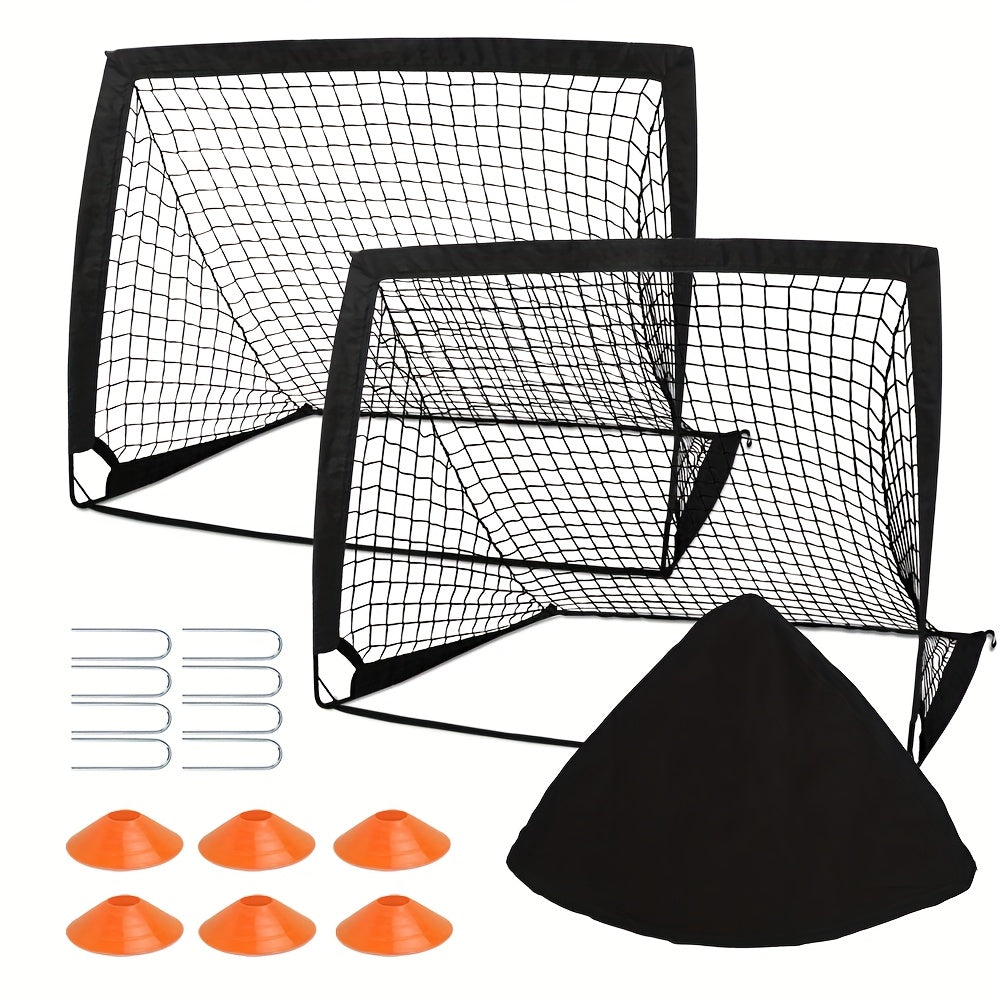 2 Soccer Goals 4'x 3'-Yellow/Orange/Black, Portable Soccer Goals for Backyard Or Indoor Pop Up Soccer Nets with 6 Training Cones, Carrying Bag, 8 Ground Stakes