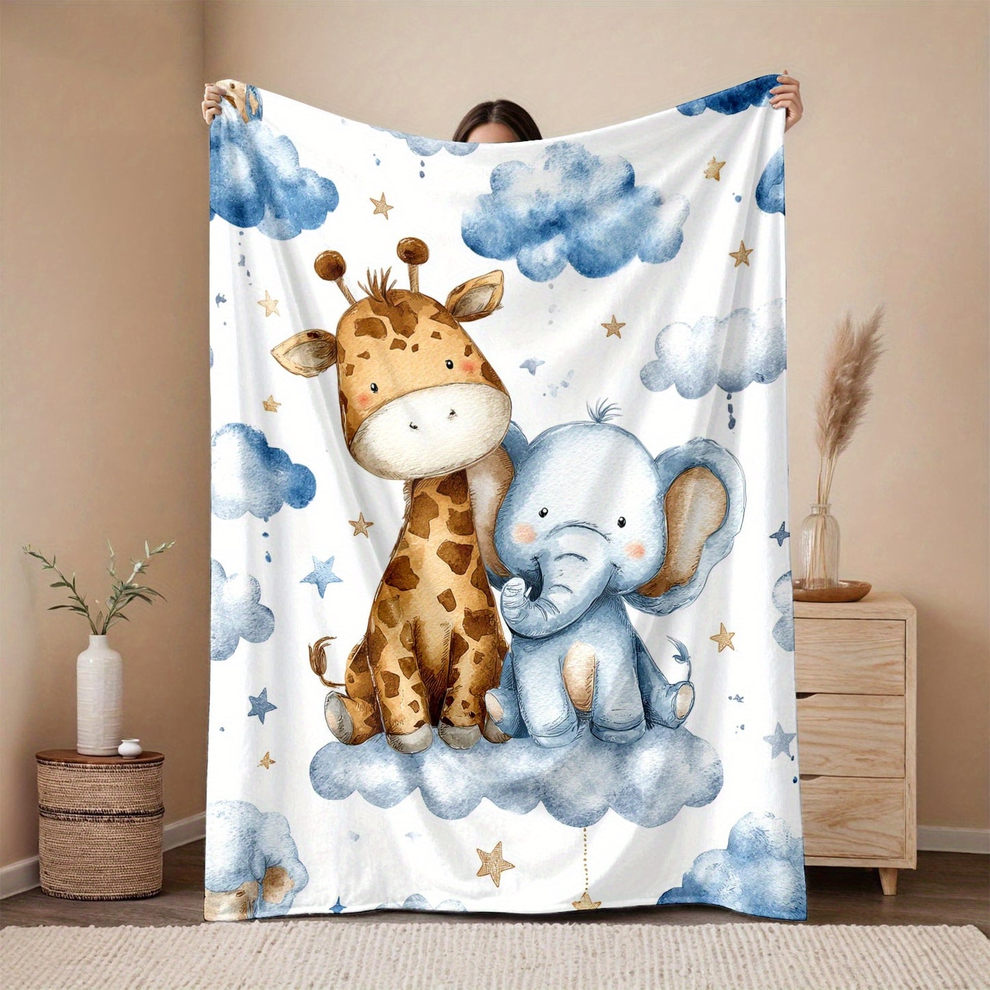 280gsm Jungle Bedspread - Giraffe & Elephant Plush Flannel Quilt Set with Clouds & Stars, Soft All-Season Bedding for, Bed, Sofa, Car, Camping - Cute Baby Animal Blanket Gift, Leopard Throw Blanket, Animal Hooded Blanket, Blu