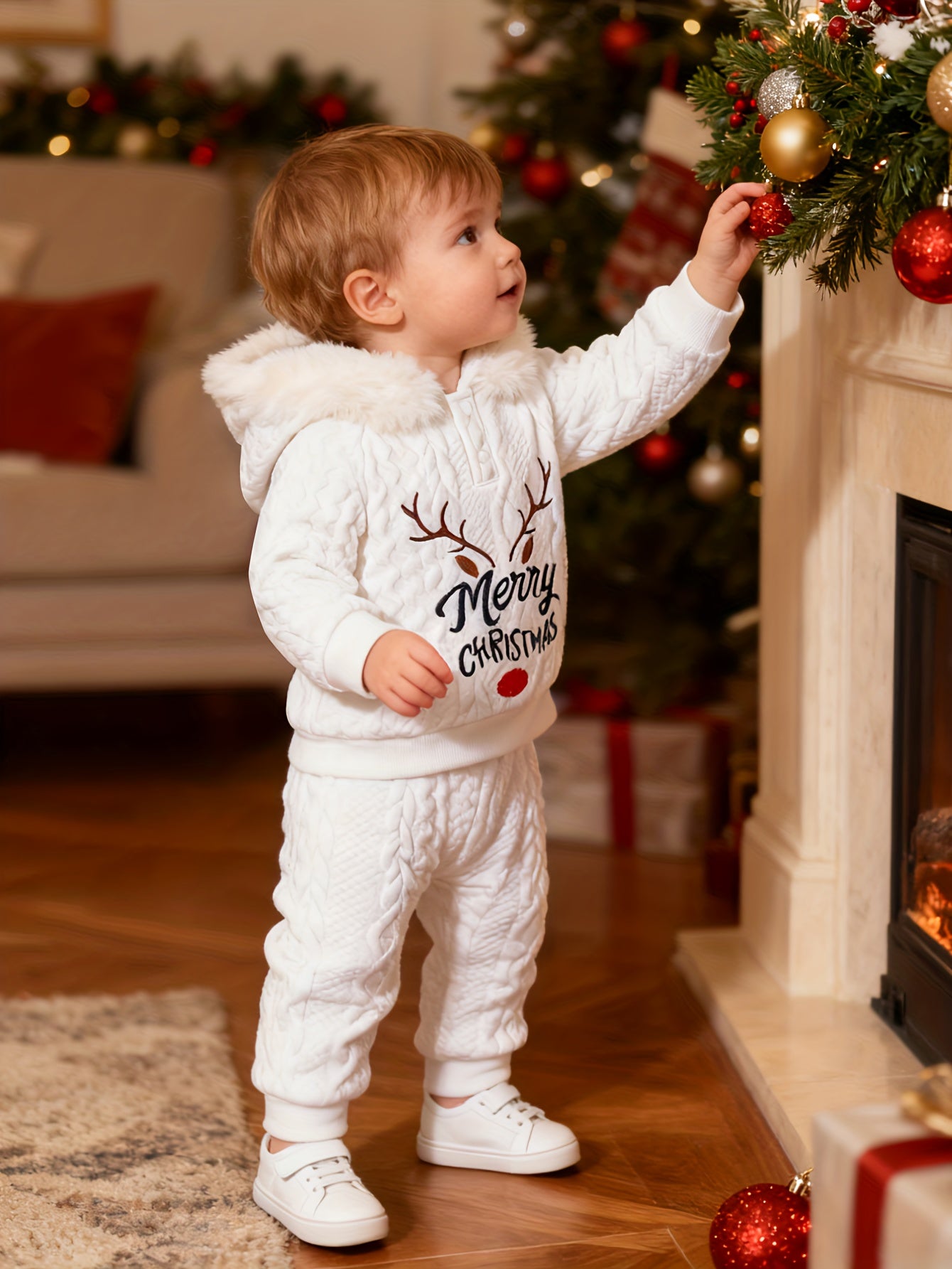 Christmas New Letter Antler Embroidery Knitted Pattern Solid Color Ribbed Hoodie with Fur Collar Long Pants Set for Baby Boys Winter Warmth And Cute, Perfect for Outdoor