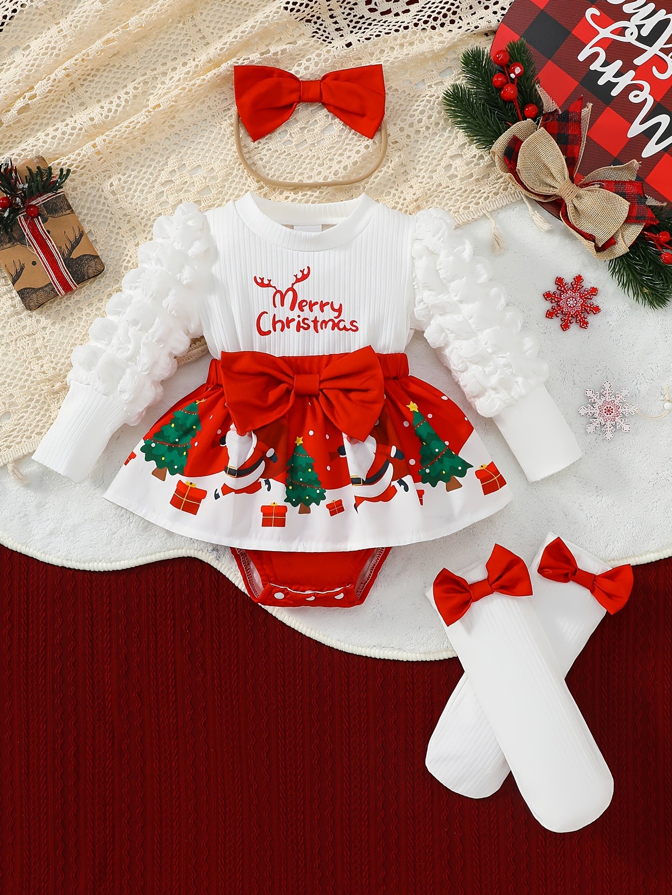 3pcs Set for Baby Girls Featuring a Christmas-Themed Long-Sleeve Romper Dress with a Round Neck, Lantern Sleeves, And Santa Claus Print, Along with a Headscarf And Socks, for Outdoor