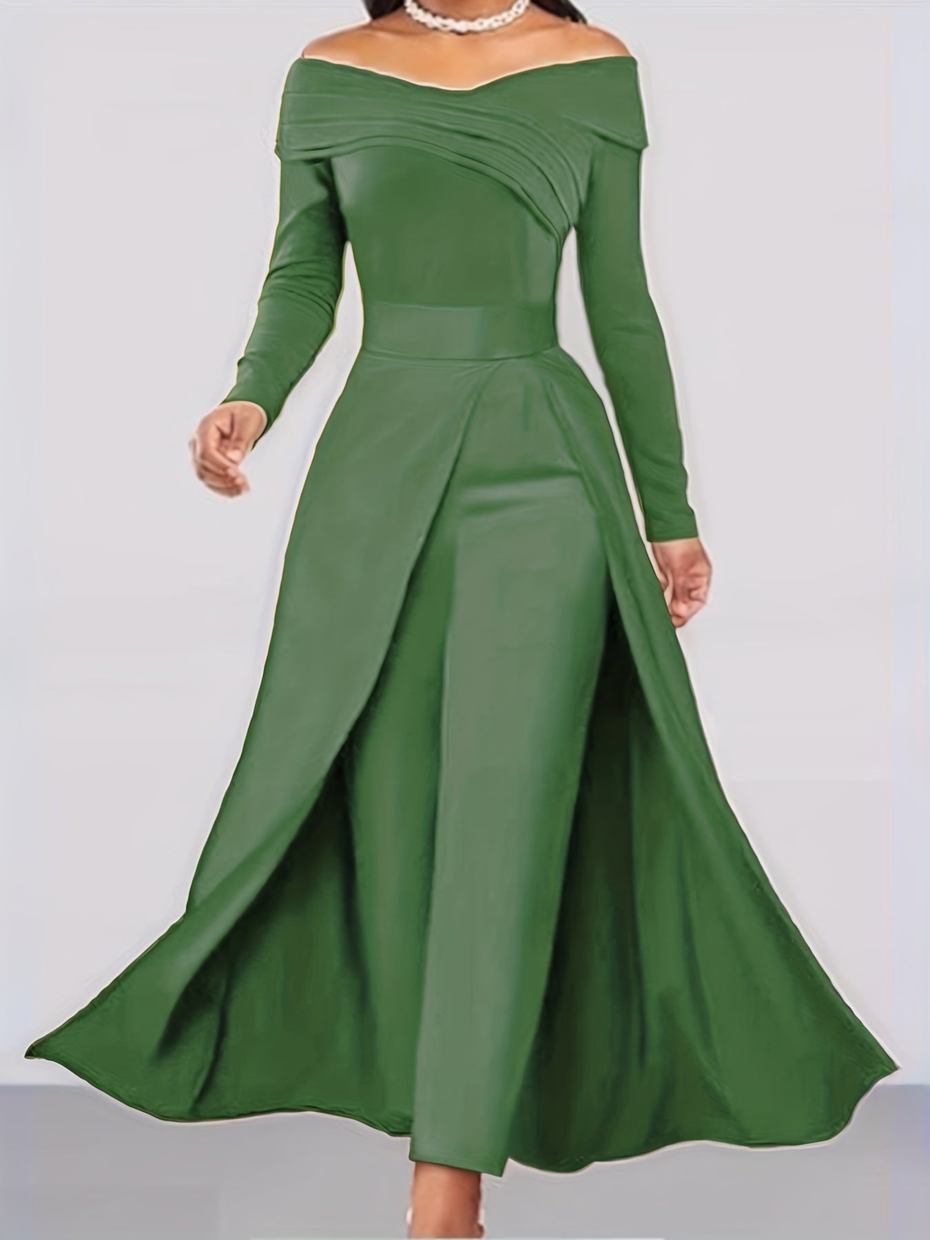 Women's Elegant Off-Shoulder/Boat Neck Two-Piece Set - Solid Color Beige/Black/Navy Blue Tailored Pantsuit, Structured Blazer & Matching Trousers, Machine Washable Autumn to Semi-Formal Attire (No Dry Clean)