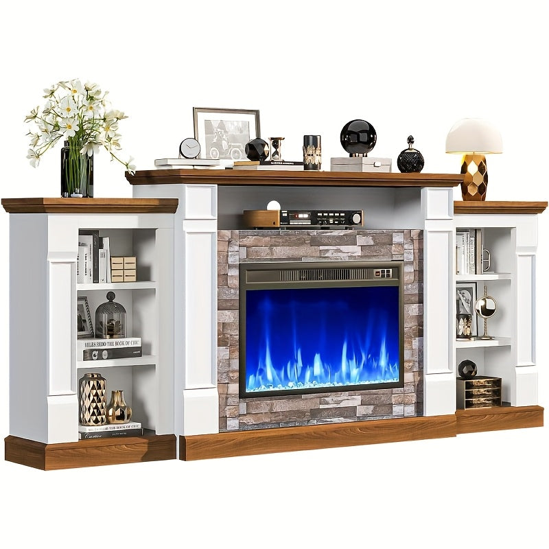 70-inch TV Stand With An Electric Fireplace And Mantel, A Contemporary Entertainment Unit Offering Open Storage, Remote Control, Adjustable Flames, And LED Lighting, Suitable For Living Rooms And Bedrooms And An Excellent New