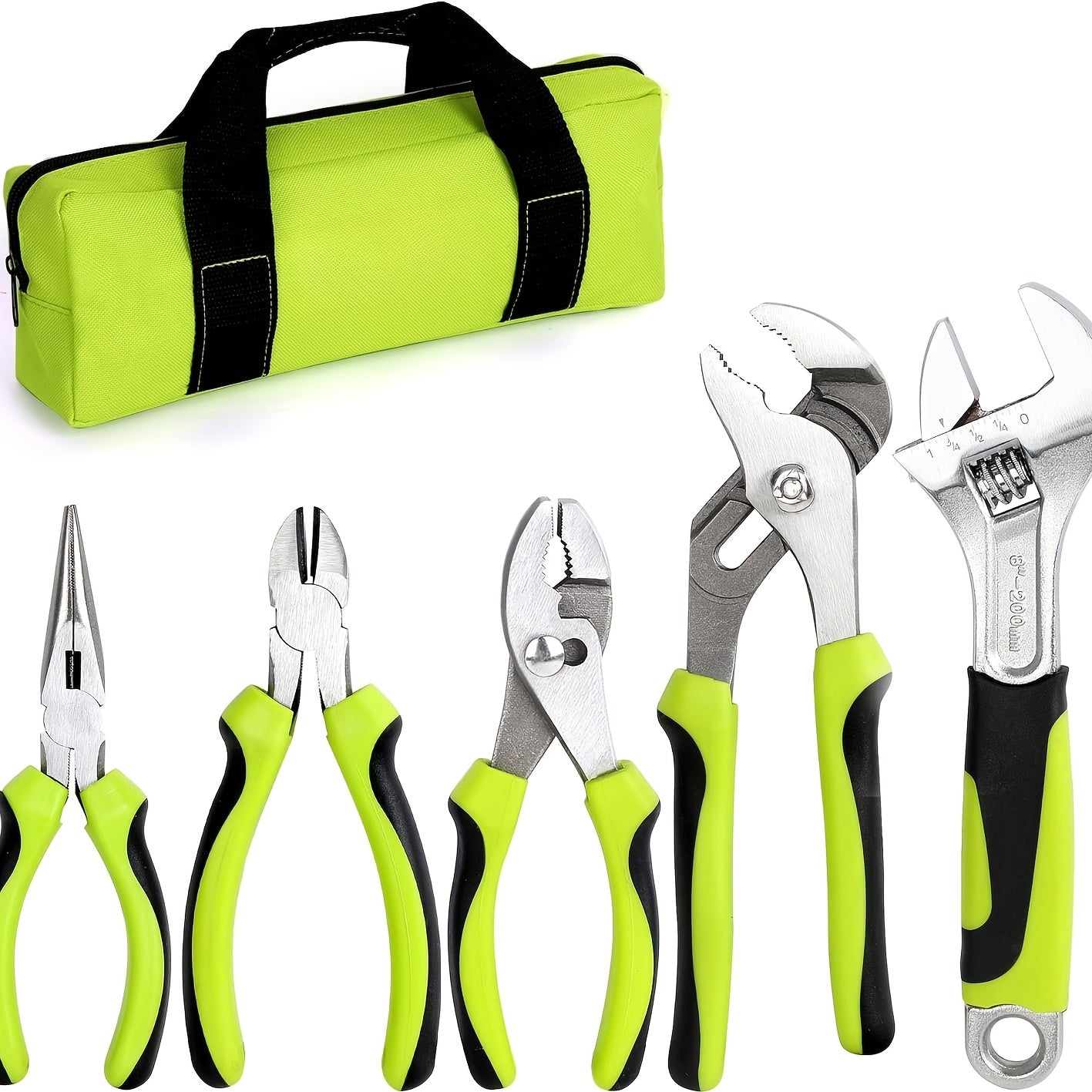 5- Utility Pliers Set with Storage Bag, Includes Groove Joint, Diagonal, Long Nose, Slip Joint Pliers and 8" Adjustable Wrench