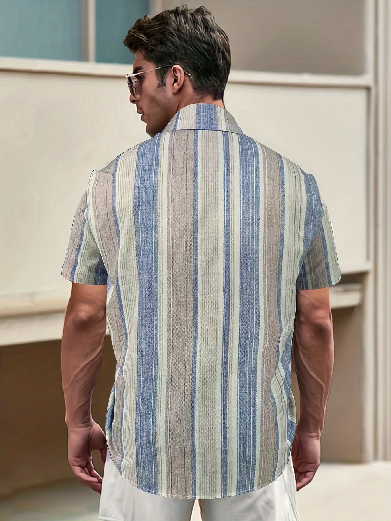 Men's Casual Short Sleeve Shirt with Full-Body Digital Print - Striped Design, Regular Fit, Button Front, All-Season Versatile Top for Casual Outings