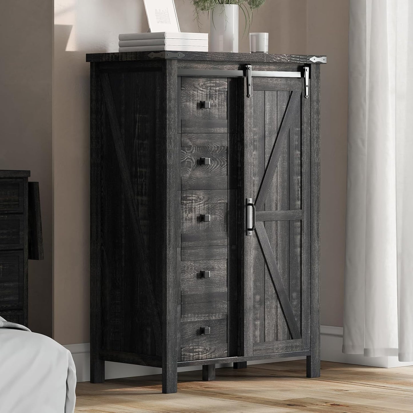 LUXOAK Farmhouse 5-Drawer Dresser with Sliding Barn Door& Storage Cabinet for Bedroom- Rustic Storage Solution