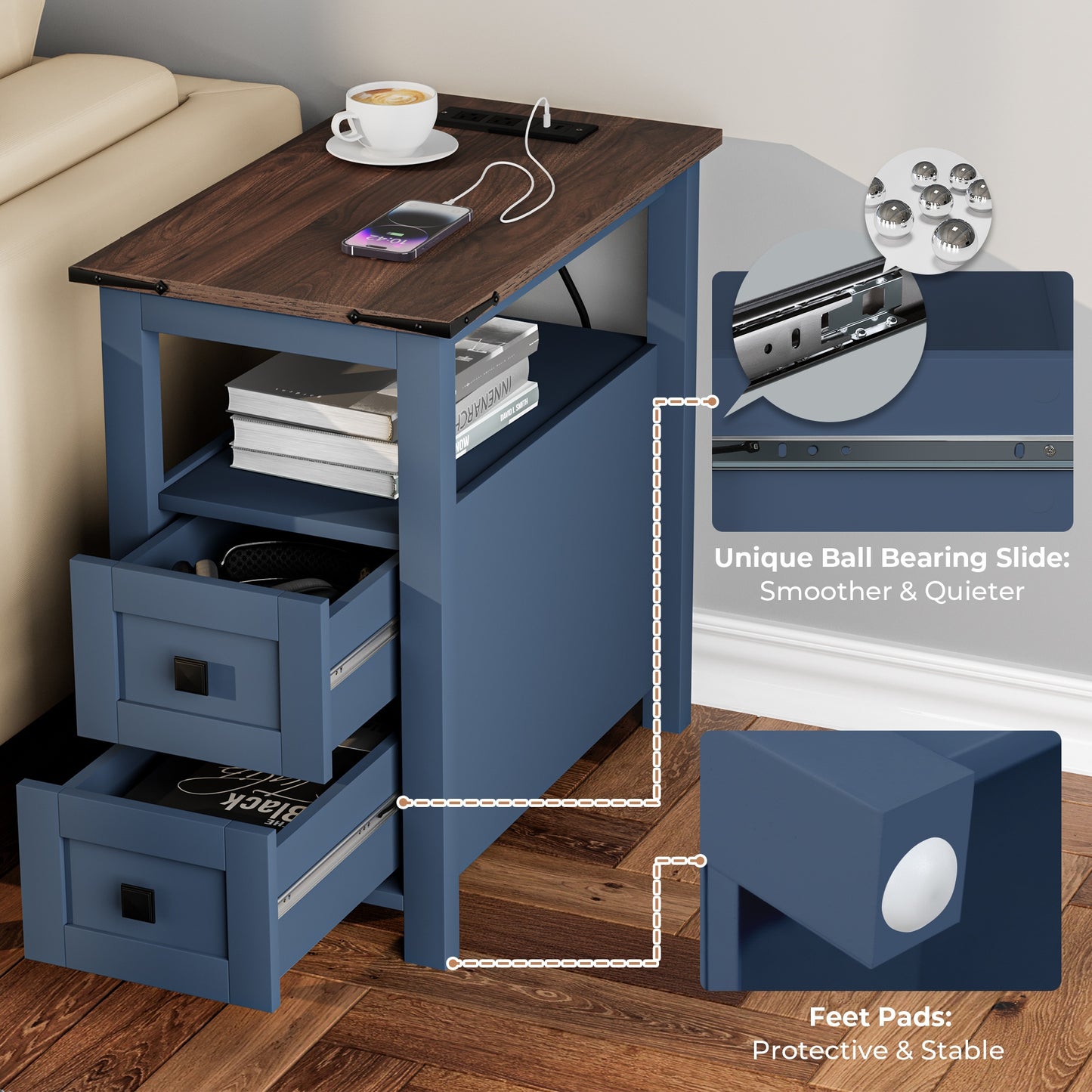 2-Drawer Slim Space-Saving Retro Coffee Table Suitable for Small Spaces - Narrow Sofa Side Table & Bedside Table with Drawers, Assembly, Modern Minimalist Design for Living Room, Bedroom or Office (Available in White/Blue/Che