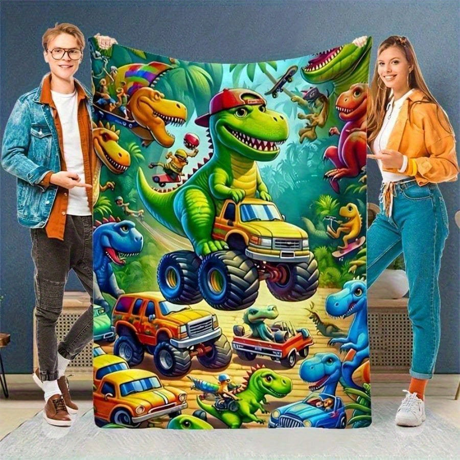 Vibrant Dinosaur Truck Flannel Blanket - 280gsm Heavyweight 100% Polyester All-Season Soft & Durable, Cartoon Dinosaur Design with T-Rex, Triceratops