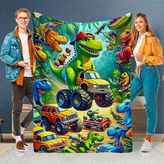 Vibrant Dinosaur Truck Flannel Blanket - 280gsm Heavyweight 100% Polyester All-Season Soft & Durable, Cartoon Dinosaur Design with T-Rex, Triceratops