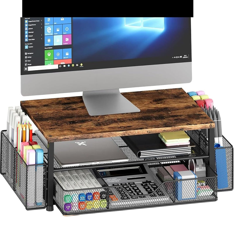 Desk Organizer And Accessories, 2-Tier Computer Monitor Stand Riser with Drawer And 2 Pen Holders, Laptop Stand, Printer Stand, Office Desk Accessories for Office Supplies, Black