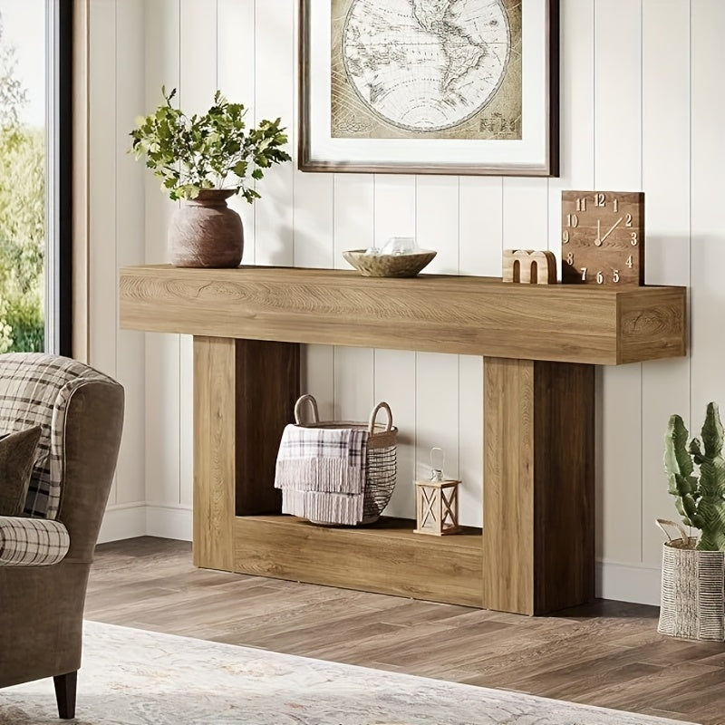 63" Modern Farmhouse Console Table with U-Shaped Base & 2-Tier Shelves - Rustic Brown & Grey Entryway Sofa Table, Engineered Wood/Particle Board, Easy Assembly, Behind Couch Table for Living Room, Hallway, Foyer