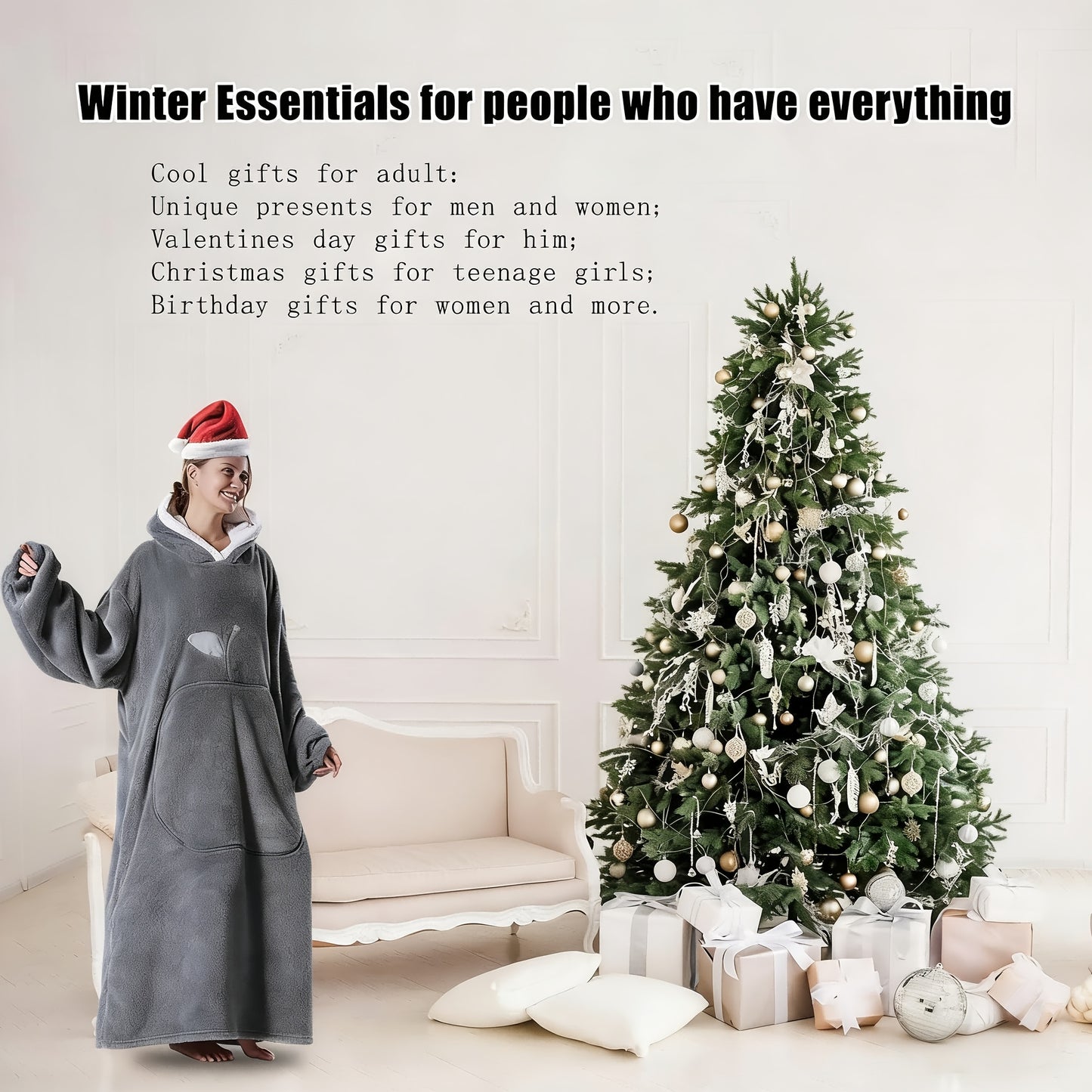 Giant Super Soft Wearable Hooded Blanket Robe - Winter Warm Fleece Sleepwear For Adults, Valentine'S Day Gift