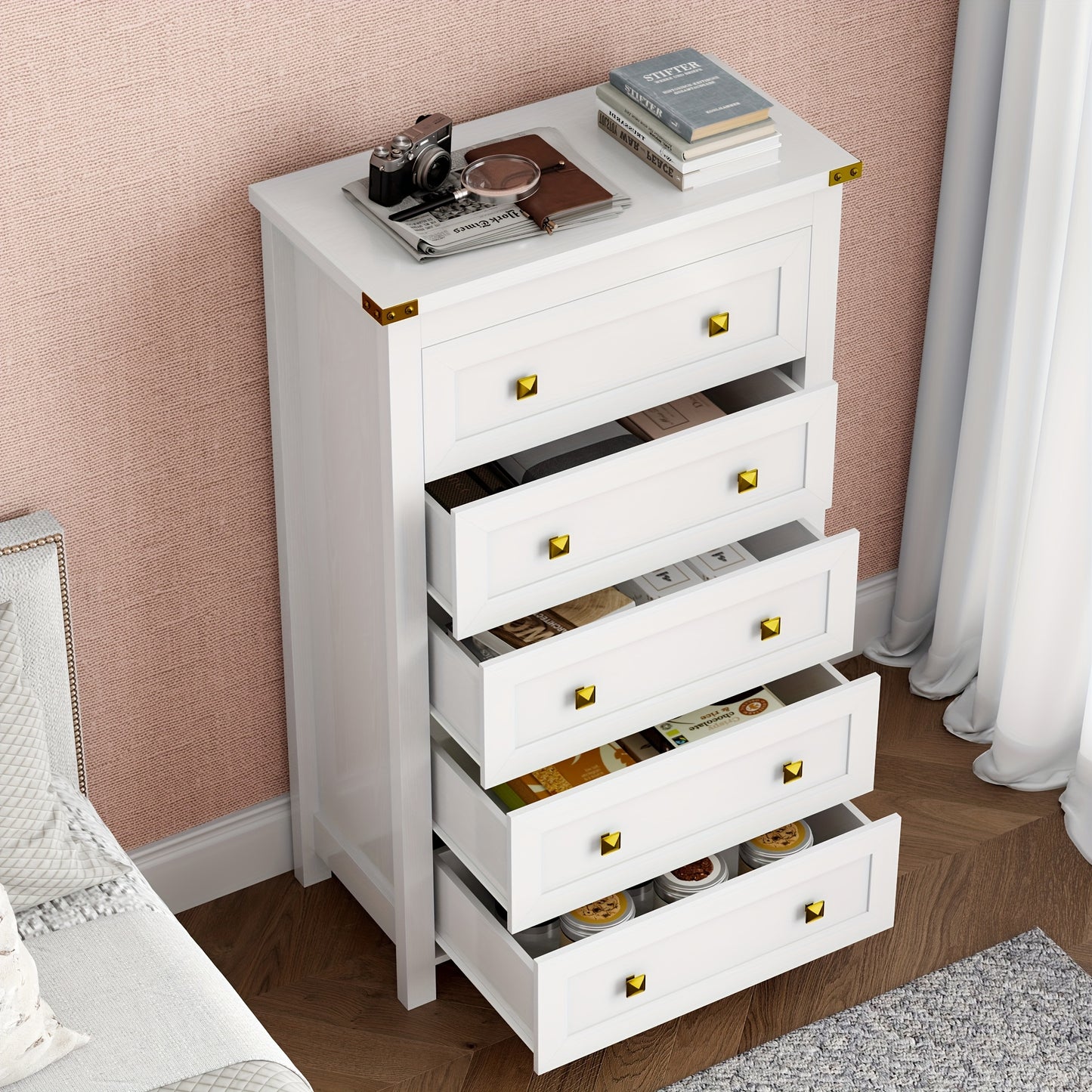 Dresser for Bedroom, Vertical 5 Drawer Dresser, Tall Wood Dresser Storage Organizer, Modern Narrow Slim Nightstand Bedside Table of Drawers for Hallway, Living Room, Dorm, Entryway