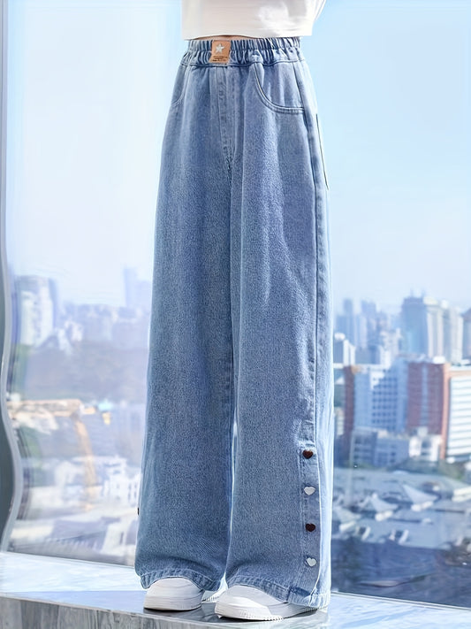 Trendy Straight-Leg Faux Denim for Big Boys And Girls; Latest Style Wide-Leg Trousers; Natural Faux Denim for Casual Wear in Spring And Summer