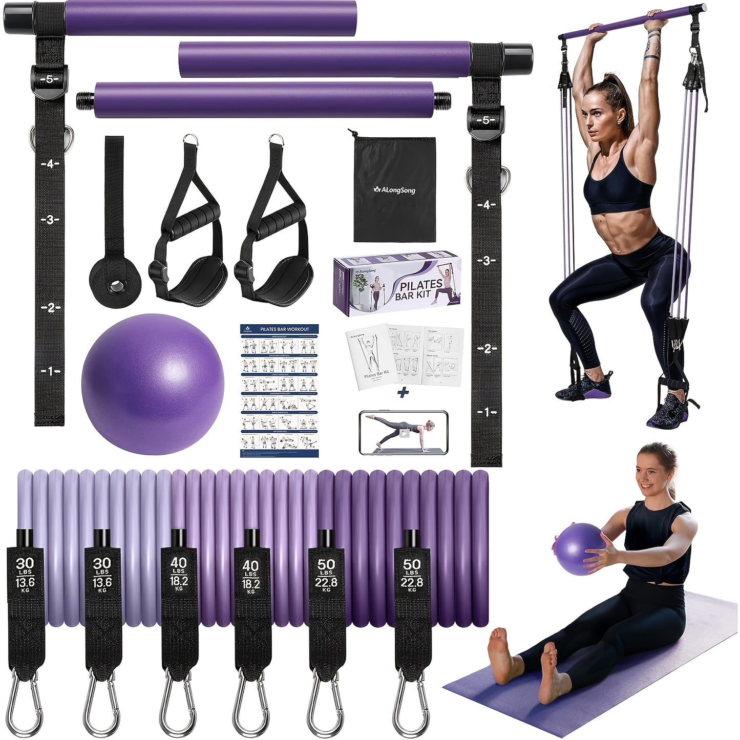 Pilates Bar Kit with Resistance Bands 20-240LBS, Upgraded Natural Latex for Women & Men, Heavy-Duty Stainless Steel Multifunctional Yoga Pilates Stick for Home Gym Exercise Fitness Equipment Full-Body Workouts-Blue