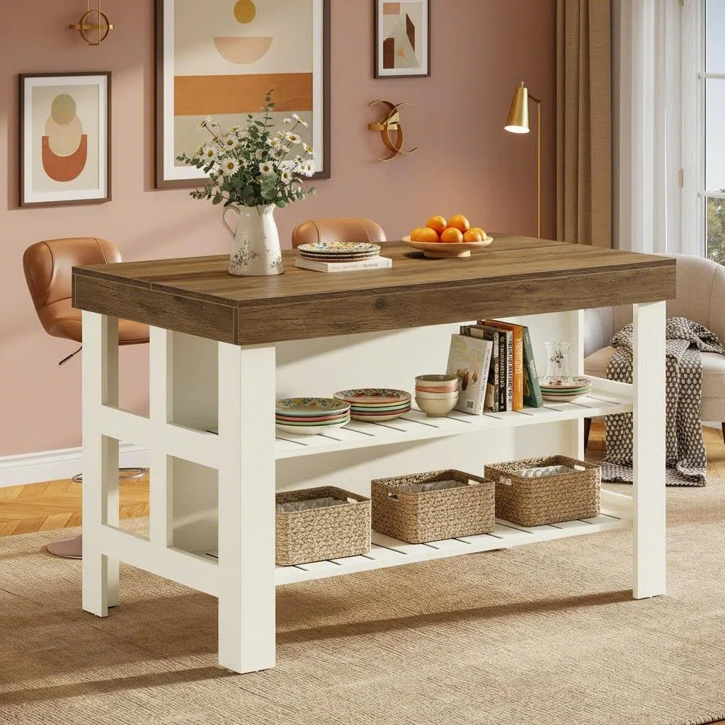 Modern Farmhouse Kitchen Island with Seating & Breakfast Counter - 55.1-Inch & Engineered Wood Island Table Suitable for Kitchen Dining Room, Open Shelving, Counter-Height Table, Space-Saving