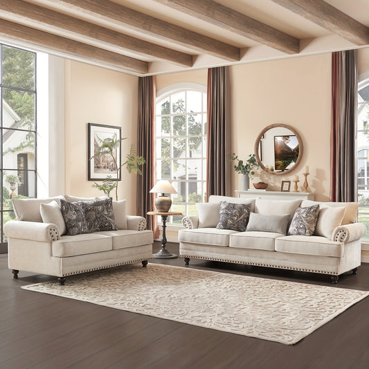 Modern Farmhouse Loveseat And Sofa Set, Chenille Upholstered Couches with Nailhead Trim, Wooden Legs, 9 Accent Pillows, Comfy Sleeper for Living Room