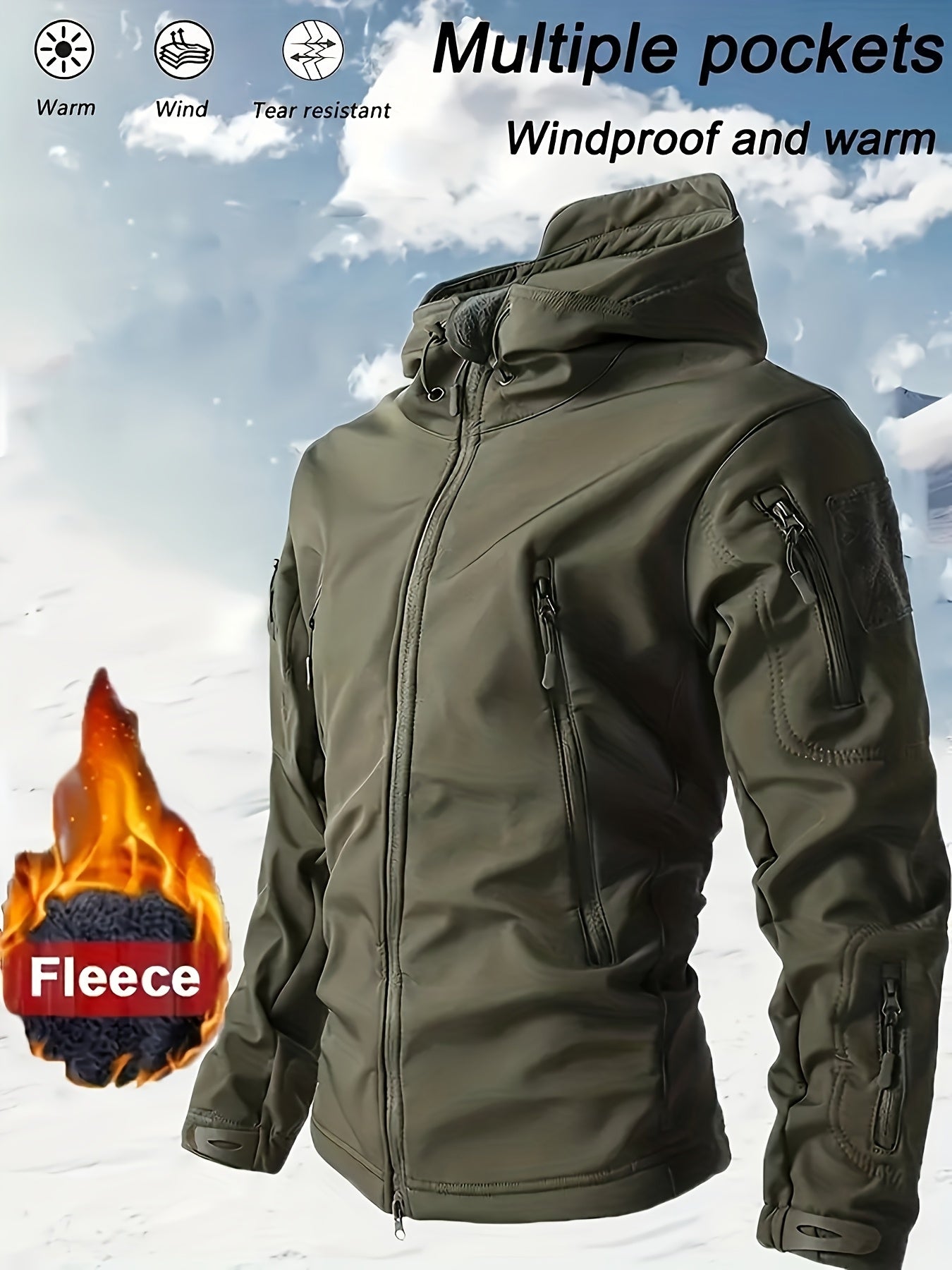 Men's Heavy-Duty Windproof Insulated Tactical Winter Jacket with Full-Zip Hooded Softshell Coat, Multiple Pockets & Zippered Pocket Flap - Machine-Washable Outdoor Survival Gear for Hiking, Skiing, Hunting, Camping (Black) -