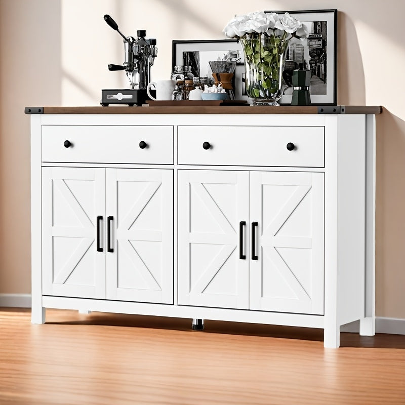 55-Inch Sideboard Buffet Cabinet Featuring Storage, a Coffee Bar with Two Drawers And Four Barn Doors, a Long Storage Cabinet in a Modern Farmhouse Style, Made of White Wood, Suitable for The Kitchen, Dining Room, Or Living R