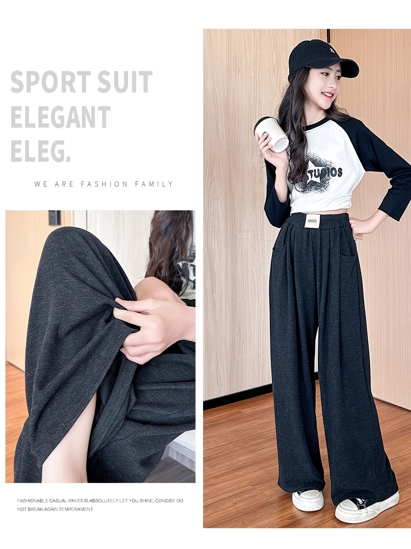 Girls 6-12 Years Wide-Leg Trousers - Stretchy Wrinkle-Resistant Pants with Adjustable Waist & Pockets, Soft Straight-Leg Leggings for School, Semi-Formal & Casual Attire (Navy Blue/Black) - Comfortable Stretch Fabric (Hand Wa