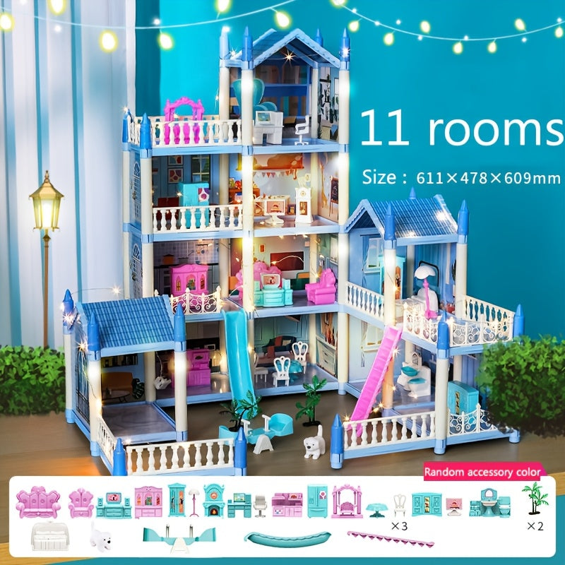 Doll House, Dollhouse for Girls Pretend-Play DIY Dollhouse Kit - 4-Story 11 Rooms Playhouse with 4 Dolls Toy Figures, Furniture And Accessories Set Gift Toy for Kids Ages 3 4 5 6 7 8+