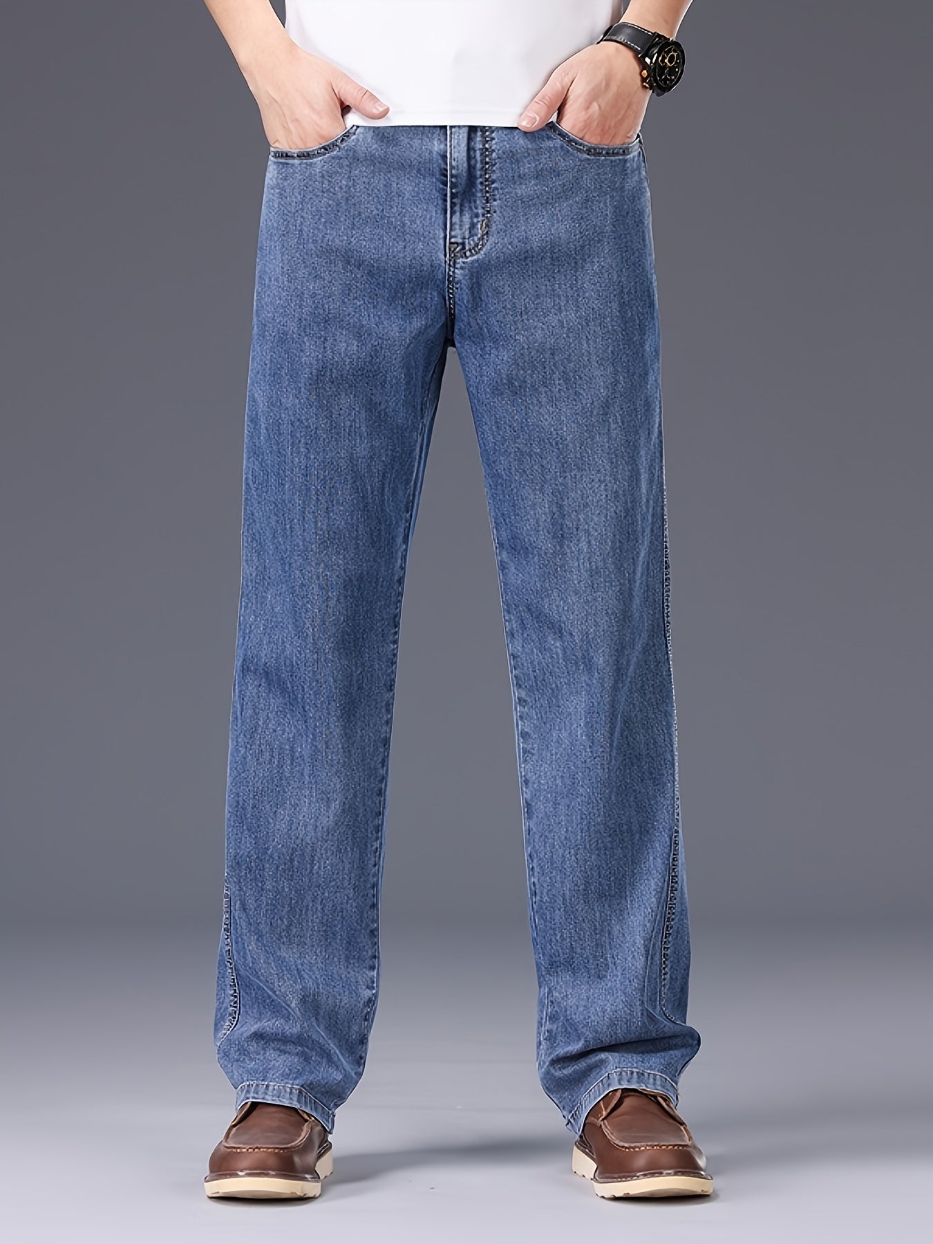 Men's Lyocell Stretch Denim Straight-Leg Jeans - All-Season Business Casual Pants with Button Detail, Machine Washable, Classic Regular Fit & Solid Color Design, Versatile for Office & Casual Attire, Durable Fabric Pants, Tim