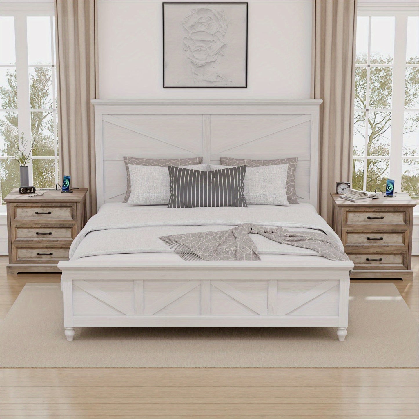 Wooden Bedside Table Featuring a Charging Station, Equipped with Three Drawers And Metal Handles, Perfect for Bedroom Storage.
