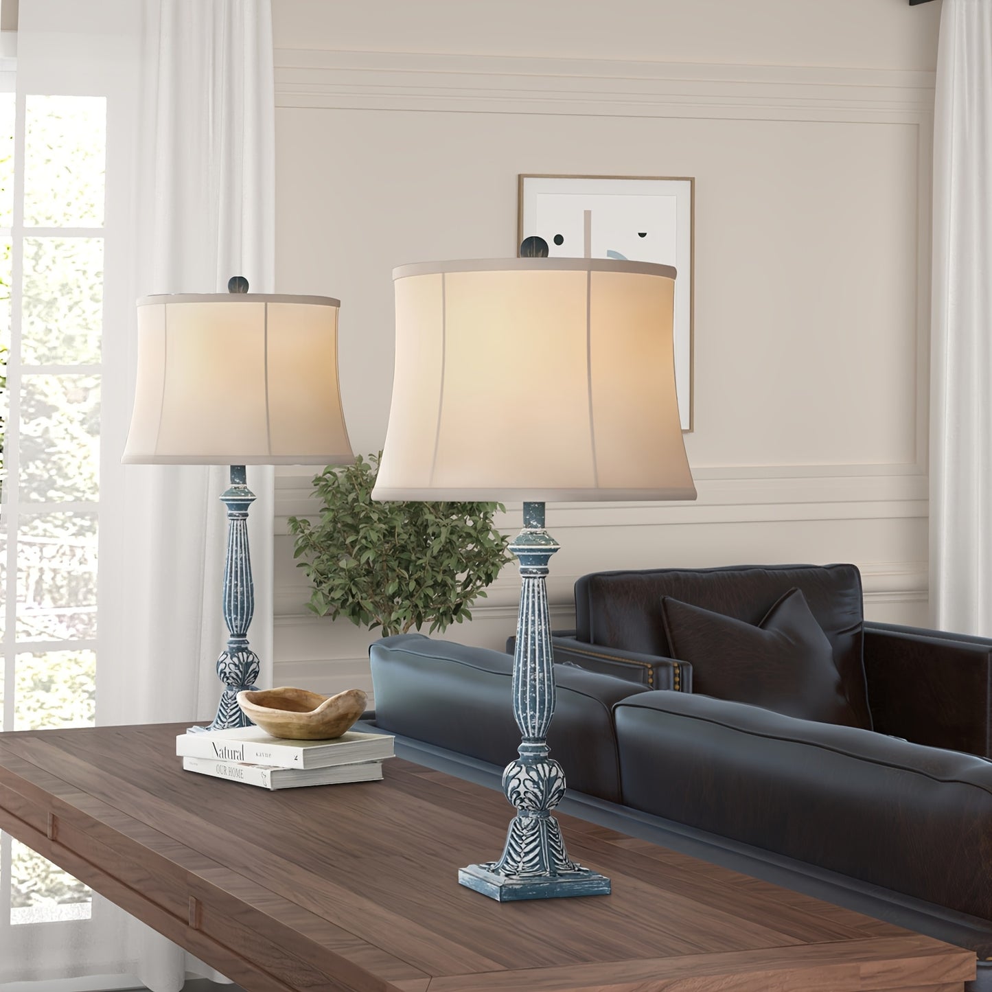 2pcs Farmhouse Table/ Matching Rustic Bedside Lamps - 3-Way Dimmable End Table with Adjustable Knob Dimmer & Bell Shade, Resin Nightstand Lamps Suitable for Living Room, Bedroom, Office