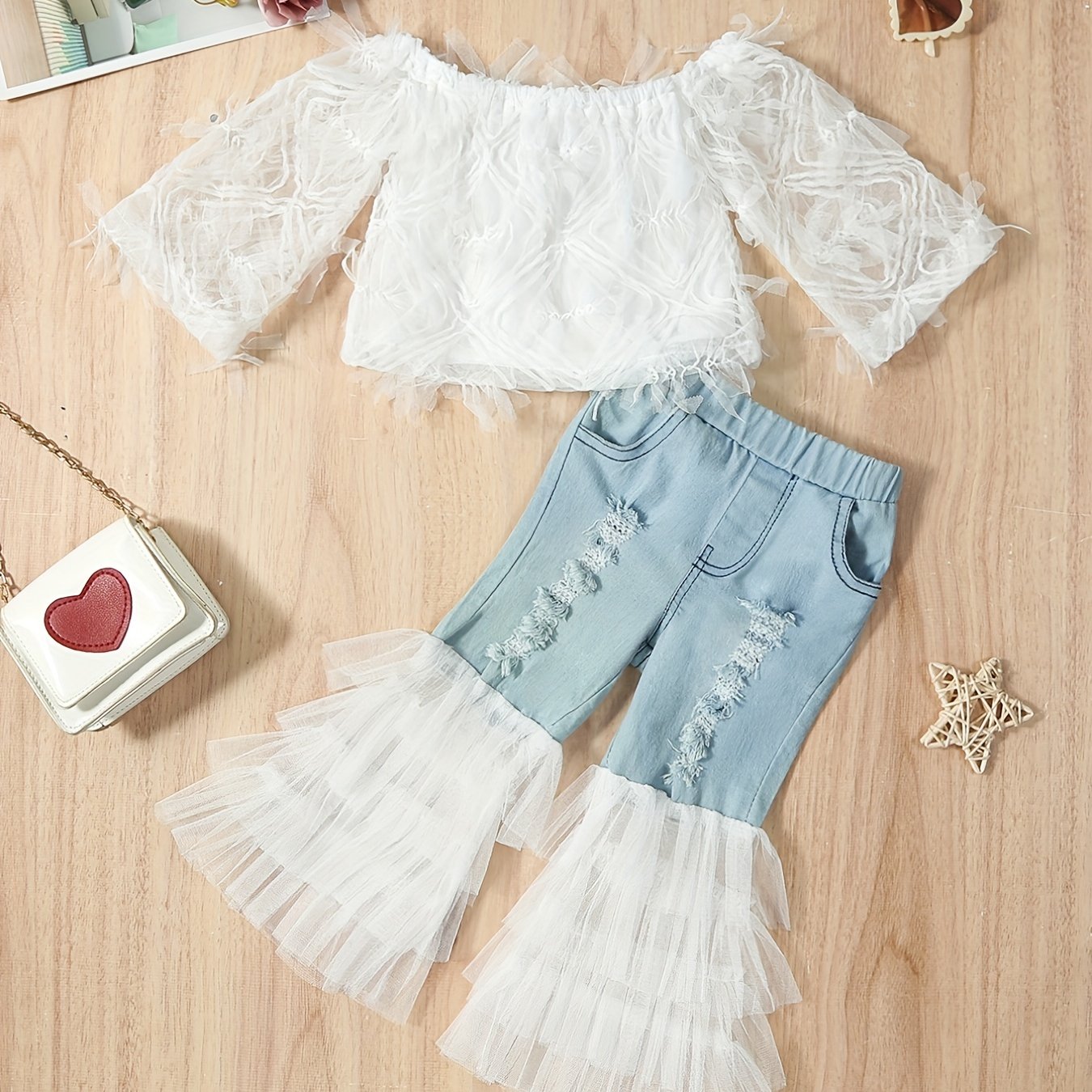 White Lace Off-The-Shoulder Top with Faux Denim Bell Bottom Faux Denim, Tulle Trim Halloween Christmas Outfit, for Outdoor