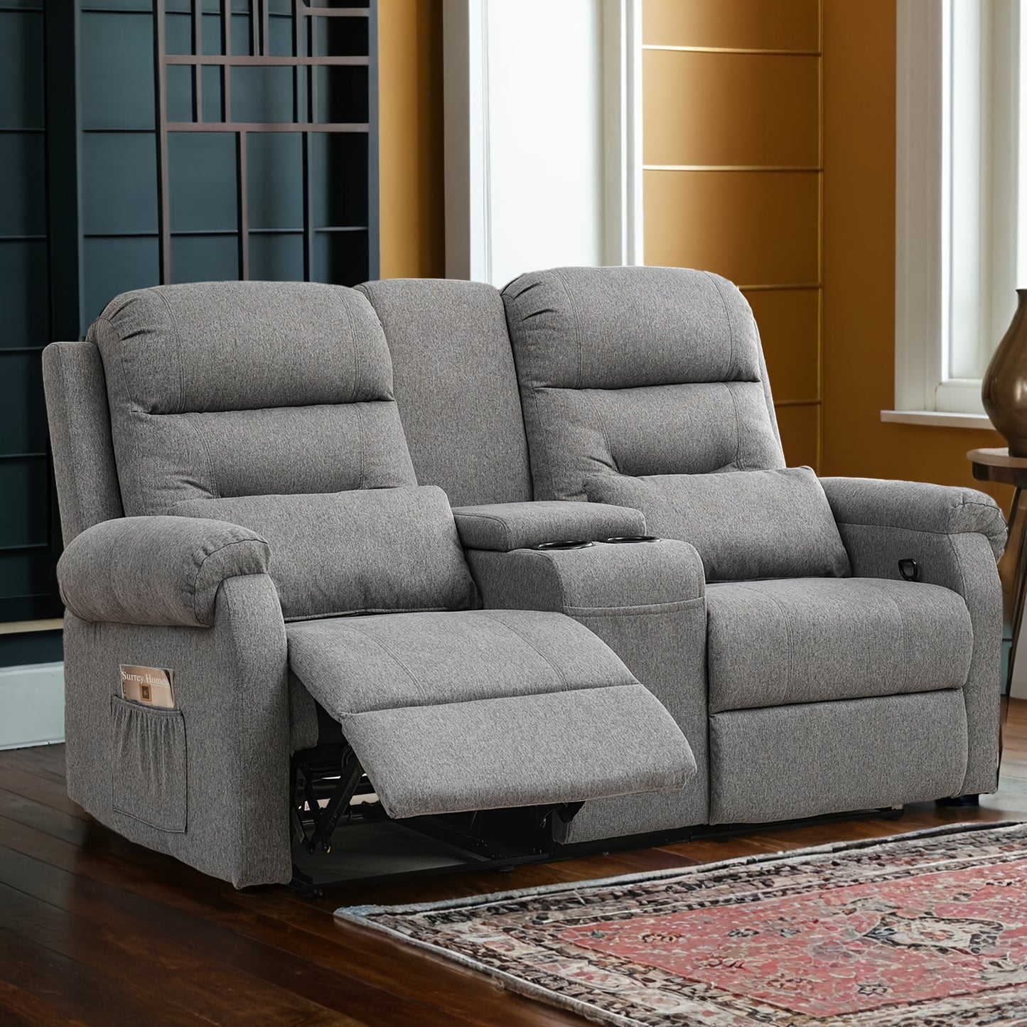 Manual RV Loveseat Recliner | Brown Velvet Cushion-back Sofa with Console, Cup Holders, Pockets for Living Room and Home Theater Seating, Metal Frame, Contemporary Style by VUYUYU