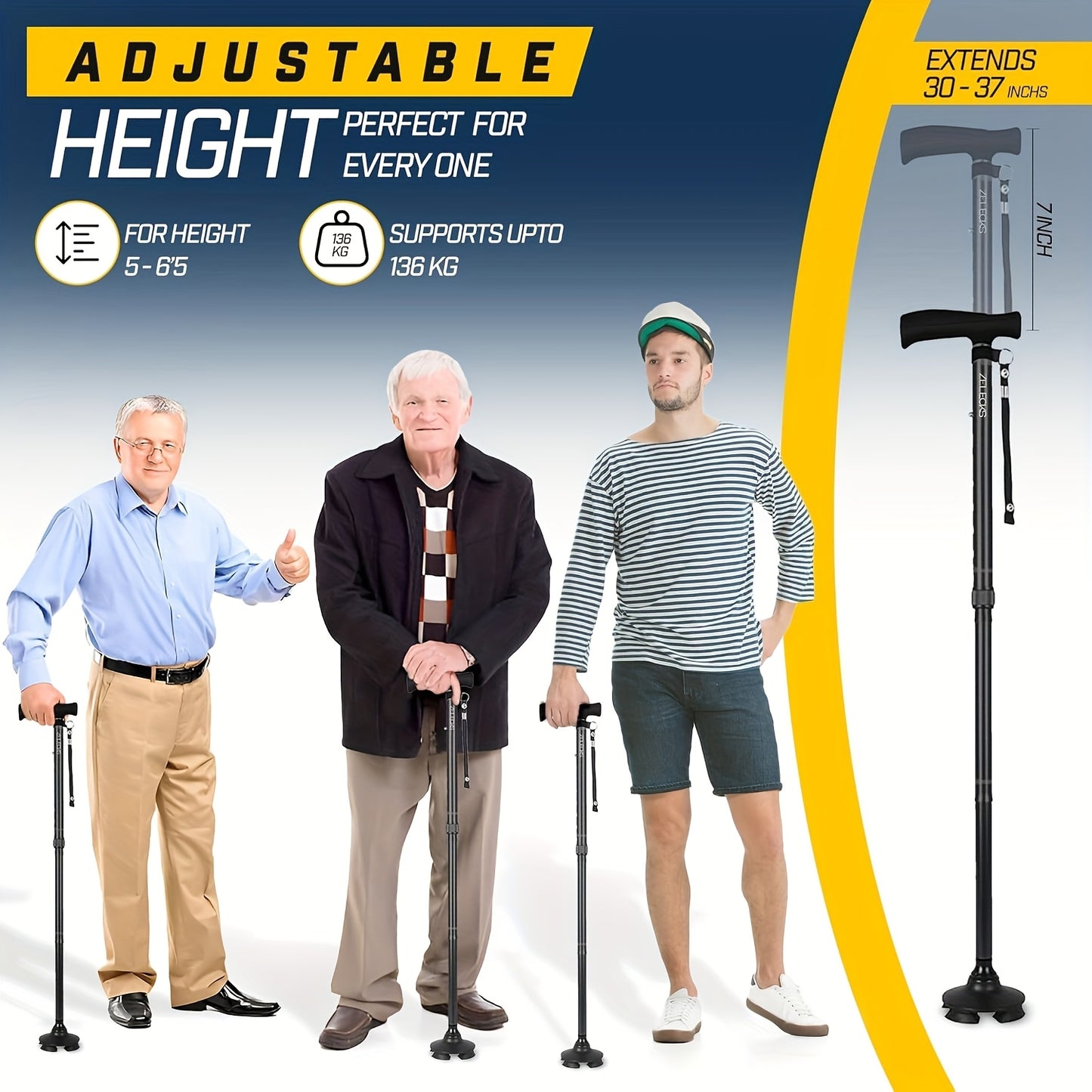 Adjustable Folding Walking Cane for Seniors - Lightweight Self-Standing Collapsible Design with T-Handle & 360° Pivot Base, 300lb Capacity, Ergonomic Grip, Compact Storage, Black, Elderly Mobility Aid, Secure Locking Mechani