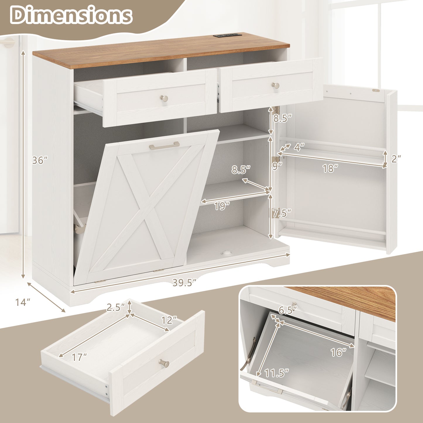 COSTWAY Tilt Out Trash Bin Cabinet, Kitchen Island with Outlet, 2 Drawers, Adjustable Shelf & Barn Door, Pantry Storage Cabinet, Pet-Proof Garbage Can for Dining Room & Laundry Room