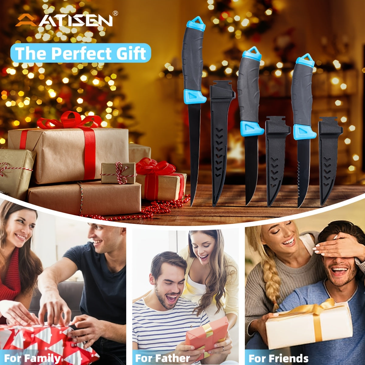 ATISEN 8pcs Fish Horn Knife Set, Fishing Set, Filleting Knife, Cutting Gloves, Cleaning Sponge, Fishing Line Cutter with Stretching Cord Loss Prevention, Wilderness Survival Knife, Outdoor Camping Supplies, Suitable Gifts for