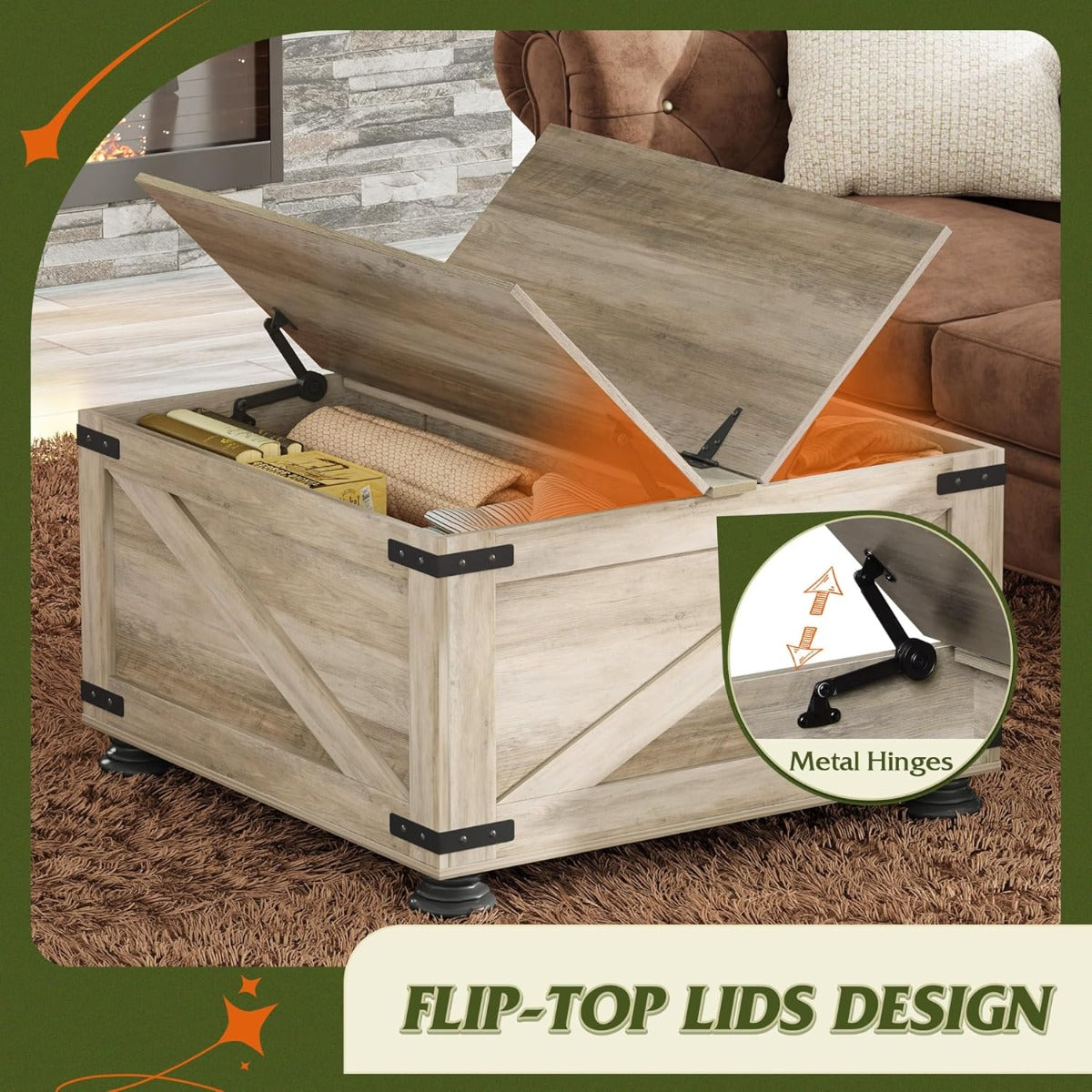 Farmhouse End Tables, 31.5" Square Wood Center End Table with Flip-Top Lids And Large Hidden Storage Compartment Accent Furniture for Dining Room